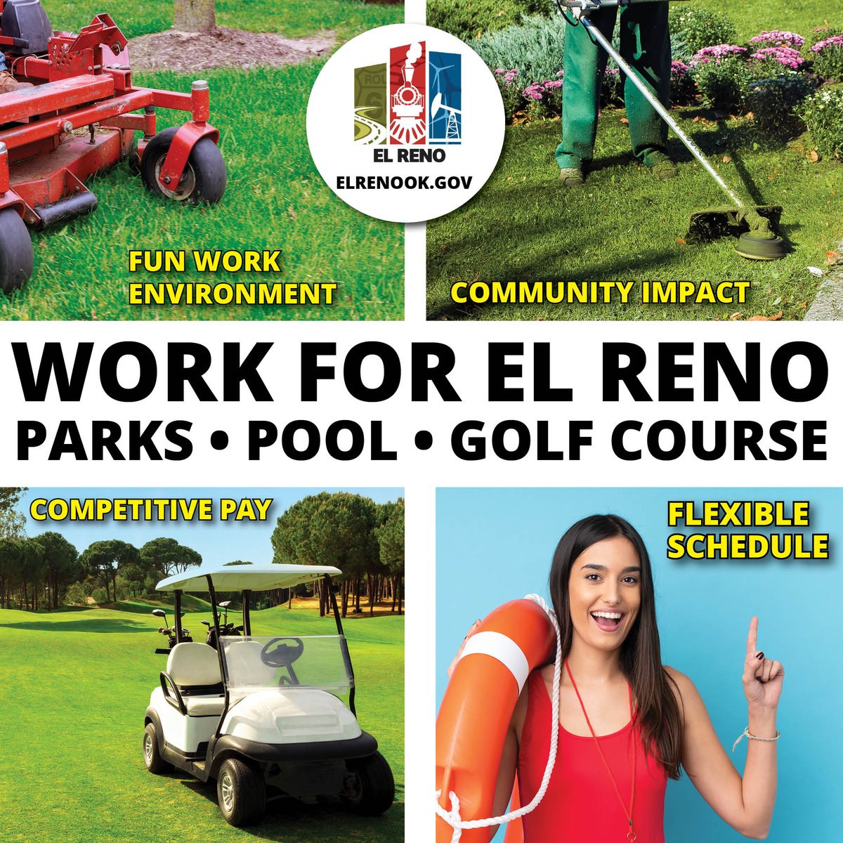 🌞 NOW HIRING! The City of El Reno is looking for seasonal part-time staff for Parks, Pool &amp; Golf Course! Competitive pay 💸, flexible schedule 🕒, fun environment 🎉 &amp; a chance to make a difference in your community! Apply now 👉 elrenook.gov/242/Employment #ElRenoJobs