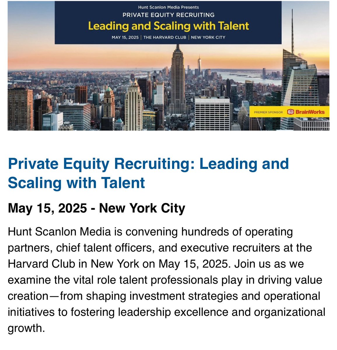 The secret weapon of every successful PE firm? Talent.

Excited to join the panel at Hunt Scanlon’s PE Recruiting Conference in NYC to talk all things scaling, leadership, and talent strategy.

Let’s get into what really drives value creation in Private Equity! Join us 5/15