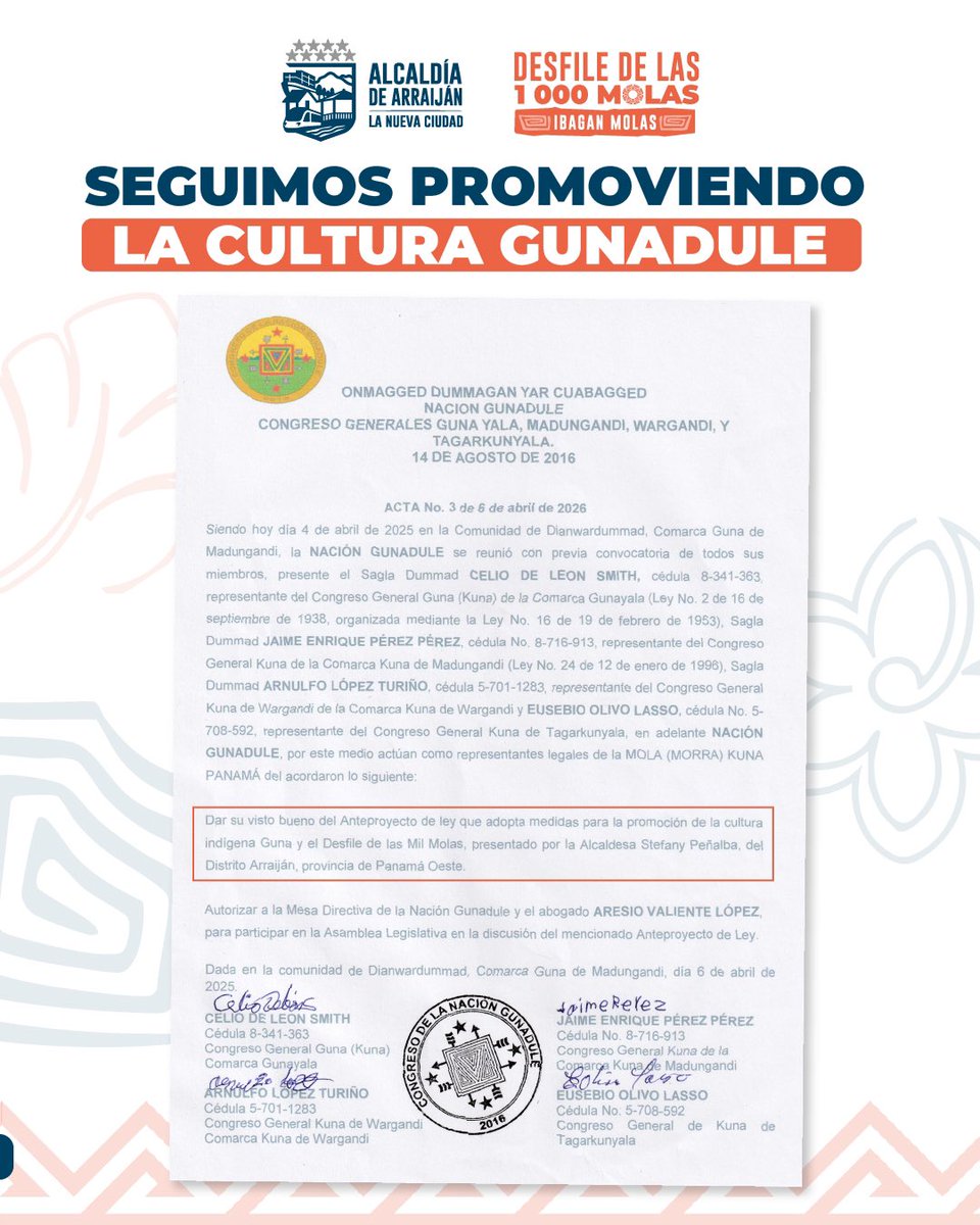 Stefanypenalba's tweet photo. ¡Un día histórico para Panamá! Tenemos el visto bueno por parte de las máximas autoridades del Congreso General de Guna Yala para la promoción de la ley de las 1000 molas🚧🇵🇦 https://t.co/D40yDAS2Z1