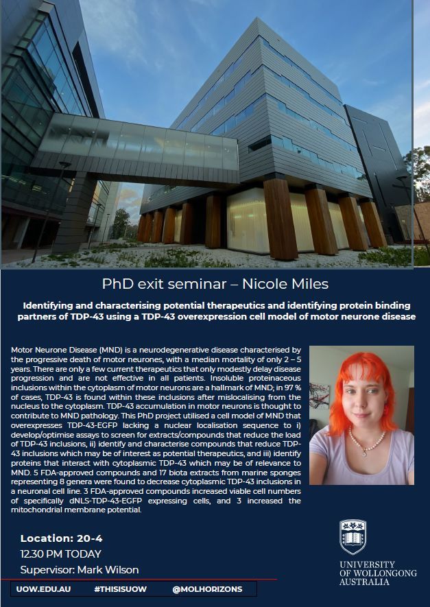 Seminar today at 12.30pm in 20-4 or online via Zoom
Join us for Nicole Miles exit seminar 'Identifying and characterising potential therapeutics and identifying protein binding partners of TDP-43 using a TDP-43 overexpression cell model of motor neurone disease'
#MHSeminarSeries