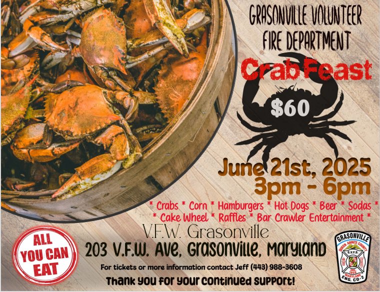 Save the Date and Mark you Calendars.

GVFD Annual Crab Feast

Saturday June 21st from 3 to 6 p.m.

Get your tickets before they are Sold Out!