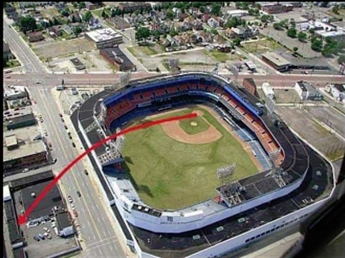 Jimfrombaseball's tweet photo. Paul Foytack put a fastball right over plate that Mickey Mantle destroyed, effortlessly clearing Right Field roof at Tiger Stadium, crossed Trumbull Avenue and landed at the base of a shed in the Brooks Lumberyard across from the ballpark in 1960.
"It turns out that the story of Mickey's historic drive was well known at Brooks Lumber. Paul Borders, a Brooks employee, saw exactly             where the ball landed. Dr. Susman and fellow researcher Robert Schiewe calculated the             distance through Schiewe's use of the Pythagorean Theorem.
The result was a prodigious 643 feet. This is the longest home run to have actually been measured from the point it was hit to the point at which it landed. Although it was measured after the fact, the point of impact was well-known and we believe this distance to be completely reliable. This is no computer estimate. This is the distance the ball travelled in the air from home plate to the place where it             landed. The "Guinness Book of Sports Records" notes it as the longest home run in a major league game to be measured "after the             fact." It is the longest home run ever hit in a major league game where it was possible to get the exact measurement."
"Explosion!"
Mark Gallagher