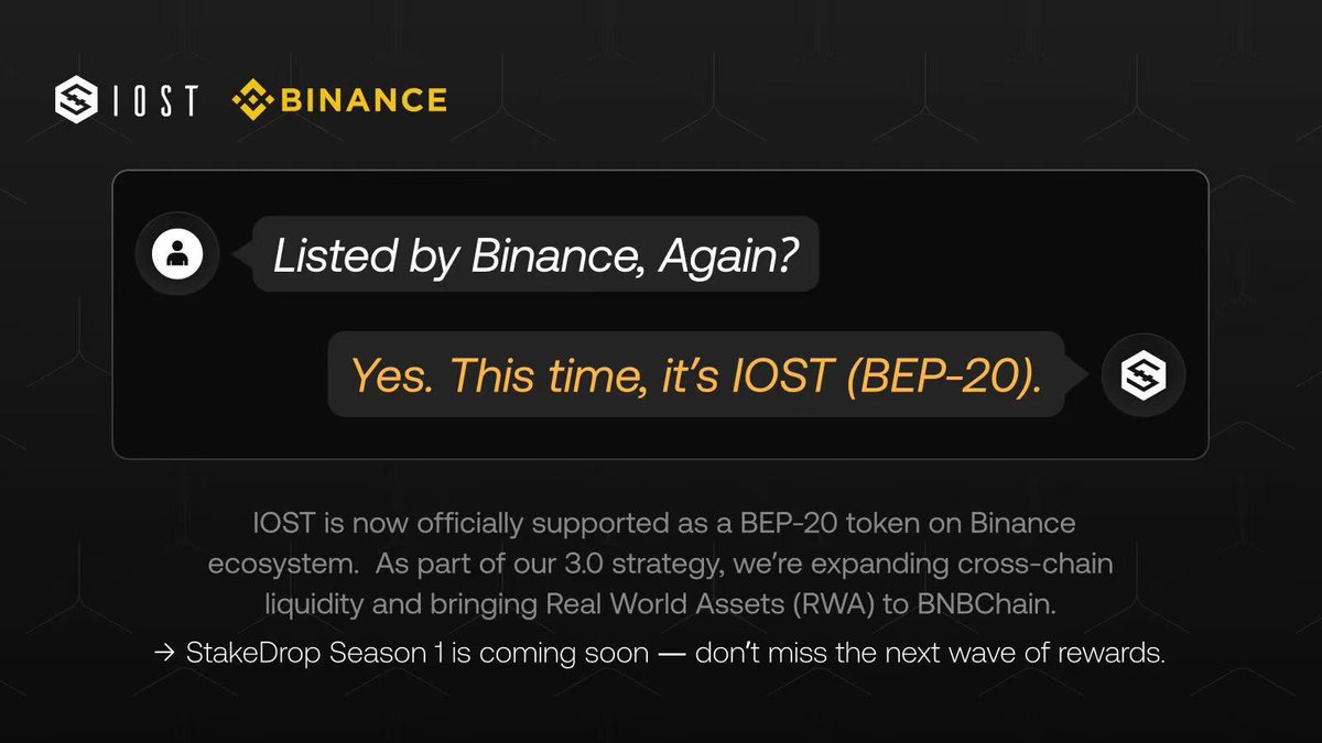 📢 IOST (BEP-20)が Binanceで動き始めました！ これにより、以下を体験できます✨ - BEP-20の $IOST の入金・出金  - ステーキングの準備 IOST 3.0はもうすぐ稼働します✨ StakeDropシーズン1が間近に迫っており、詳細を近日公開予定です😆