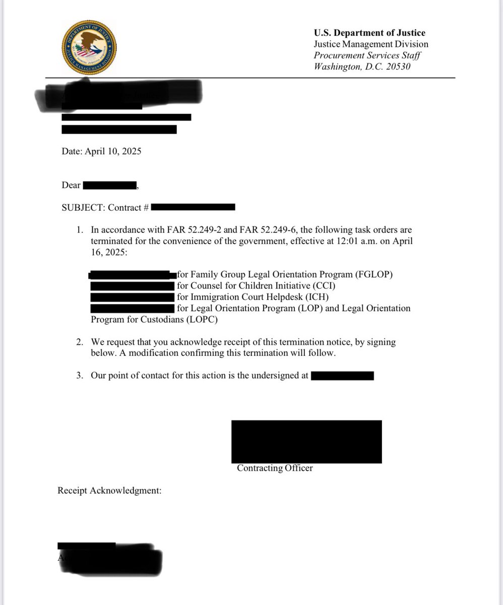 New: the DOJ has terminated funding for legal programs that provide know-your-rights trainings and legal education + information to immigrants in immigration courts and detention center settings—and legal counsel to children in deportation proceedings.