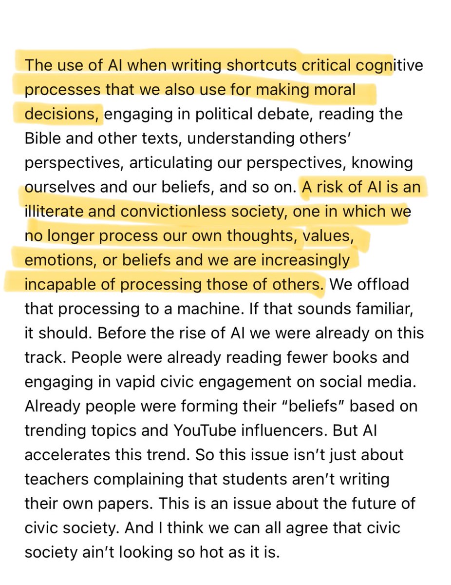 comrade_sweezy's tweet photo. Here’s a thread of things I’ve collected on the ChatGPT apocalypse. The best of this writing is on little-known s*bst*cks, so hope ppl find this useful. 

Alan Noble: “A risk of AI is an illiterate and convictionless society which no longer processes our own values or emotions.” https://t.co/TcGFoXo0fb