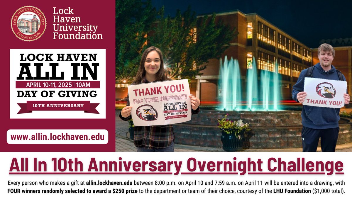 We’ve already seen over 800 donors contribute over $150k during our 10th Anniversary of All In, and we're nowhere near done. From now to 7:59 a.m., every gift made at allin.lockhaven.edu gives you a chance to win a $250 prize for your favorite program.

#LHUAllIn #GiveToLHU