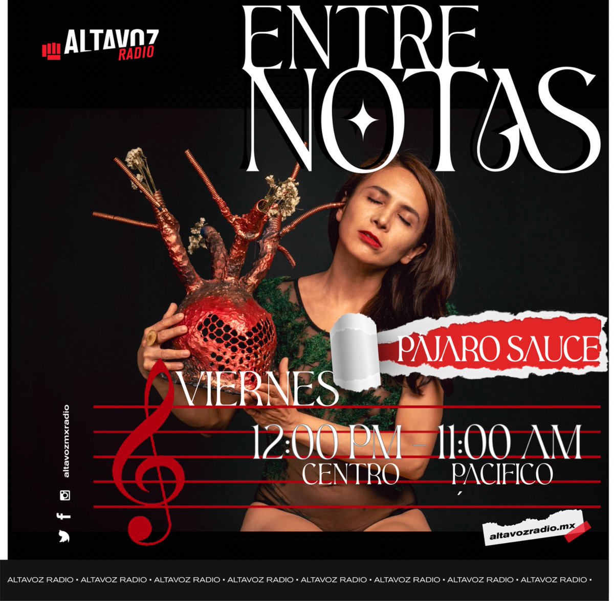 🩰La danza, los vestuarios y los elementos plásticos son parte esencial en los performance que forman parte de los conciertos de  <a href="/PajaroSauce/">Pájaro Sauce</a>.🎶

🎼Hoy en #EntreNotas se pondra de manteles rojos con este proyecto musical.😃

⏰12h | Centro
🏖️11h | Pacífico.
📢Por #AltavozRadio👇