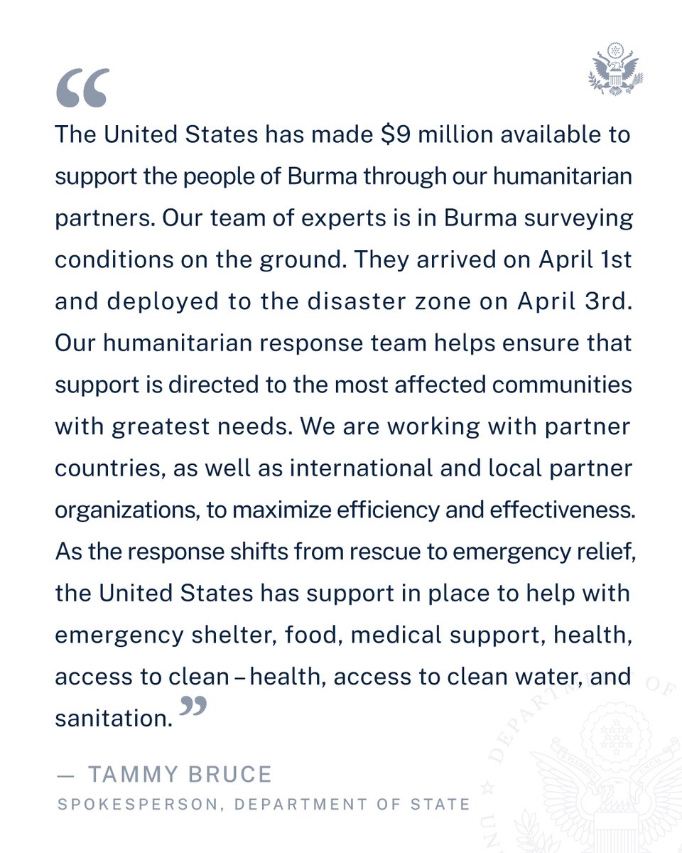 U.S. Asia Pacific Media Hub (@easiamediahub) on Twitter photo .<a href="/statedeptspox/">Tammy Bruce</a>: The U.S. has made $9 million available to support the people of Burma through our humanitarian partners. Our team of experts is in Burma surveying conditions on the ground.
state.gov/briefings/depa… .<a href="/statedeptspox/">Tammy Bruce</a>: The U.S. has made $9 million available to support the people of Burma through our humanitarian partners. Our team of experts is in Burma surveying conditions on the ground.
state.gov/briefings/depa…