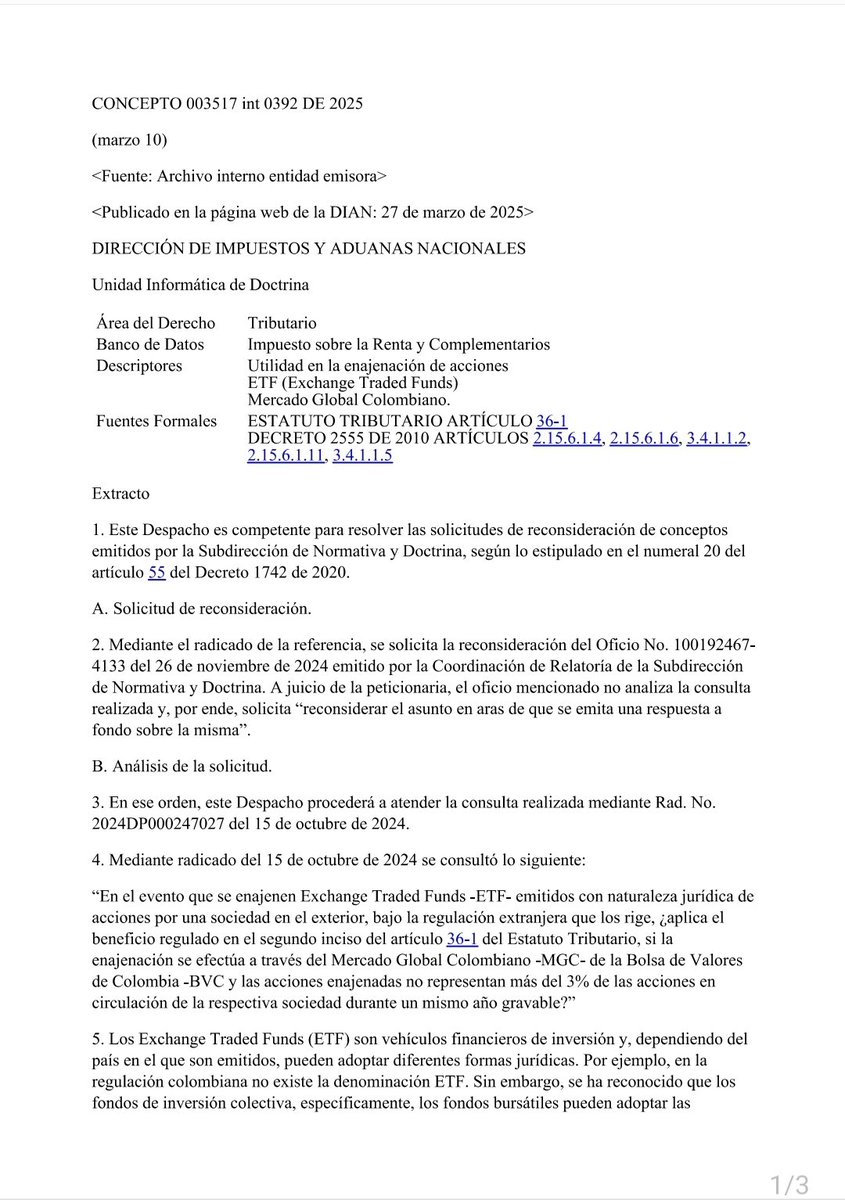 duranwealth's tweet photo. 🚨Este es un concepto tributario clave para los inversionistas colombianos.💪

🧐 La DIAN ha dejado claro que, si se trata de un ETF de naturaleza societaria, cuyas acciones están inscritas en el Mercado Global Colombiano en debida forma, goza del beneficio del artículo 36-1 del Estatuto Tributario, que establece:

▶️ "La utilidad en venta de acciones inscritas en una bolsa Colombiana es un ingreso no constitutivo de renta ni ganancia ocasional."

Esta es una grandísima noticia.
Porque da claridad frente a un beneficio tributario sensacional que tenemos los colombianos para invertir, y en el cual hemos trabajado durante años.

En ese sentido, ¿Qué ETFs tienen beneficio tributario?

1. ETFs de naturaleza societaria, cuyas acciones estén debidamente inscritas en el Mercado Global Colombiano.
Ejemplos: CSPX, IB01.

2. ETFs inscritos en el Mercado Global Colombiano cuyo subyacente son acciones, lo que se respalda en el concepto anterior de 2024.
Ejemplos: VOO, CSPX.

Después de tanto trabajo durante los años hoy me llena el alma recibir este concepto, invitándolos para que usen adecuadamente este tipo de incentivos que tenemos en Colombia para el ahorro e inversión.

Definitivamente, quien entiende sus impuestos, invierte diferente.

(Les comparto dos de mis presentaciones en Moneycon sobre el tema)