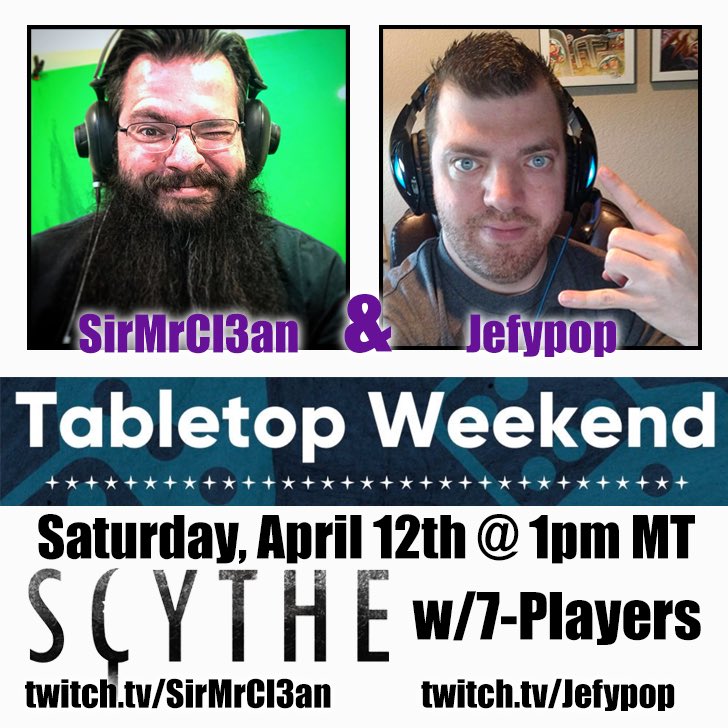 sirmrcl3an's tweet photo. The weekend is @ExtraLife4Kids #TabletopWeekend & my bro @jefypop & I are raising money for #ChildrensHospital. We’ll be playing an epic 7-player game of #Scythe & streaming live on twitch!
#charity
https://t.co/nIkD4Ktp7D
https://t.co/Xe51qmhaAv
We need to raise $100 each!! https://t.co/9lOScRCMcx
