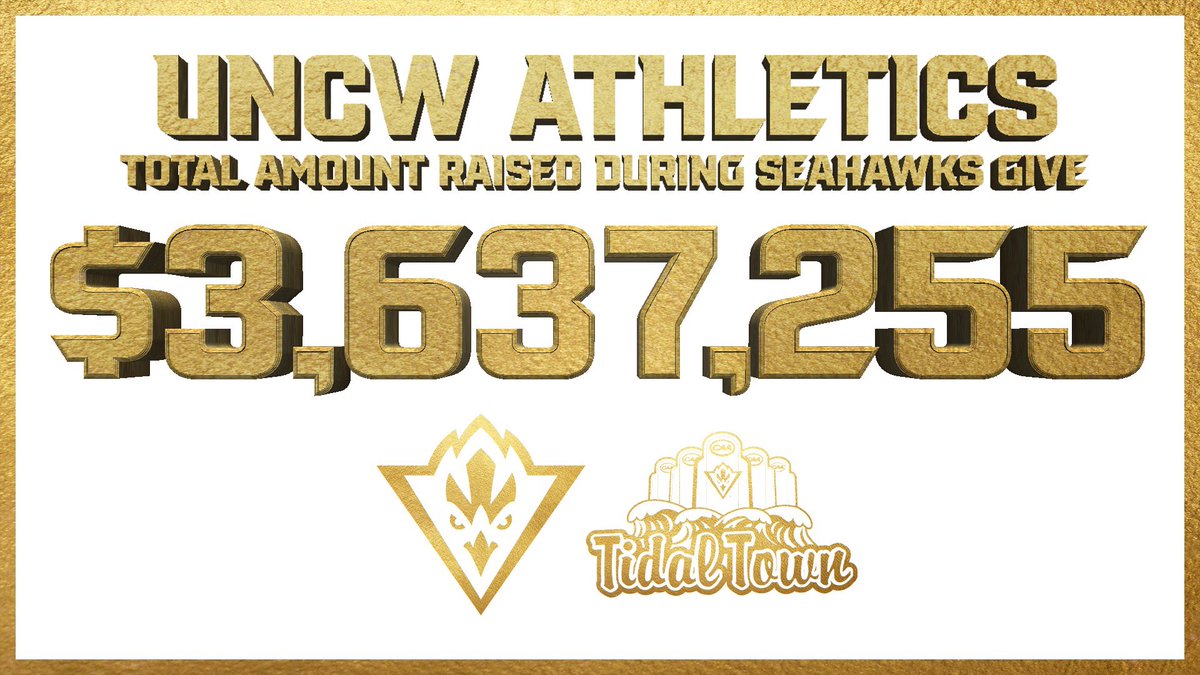 What an exciting 24 hours! We saw an outpouring of support for all of our programs during UNCW’s annual 24-hours giving challenge Seahawks Give! 

In total, 623 generous athletic supporters committed $3,637,255 of the university’s over $4.1 million!

#TidalTown