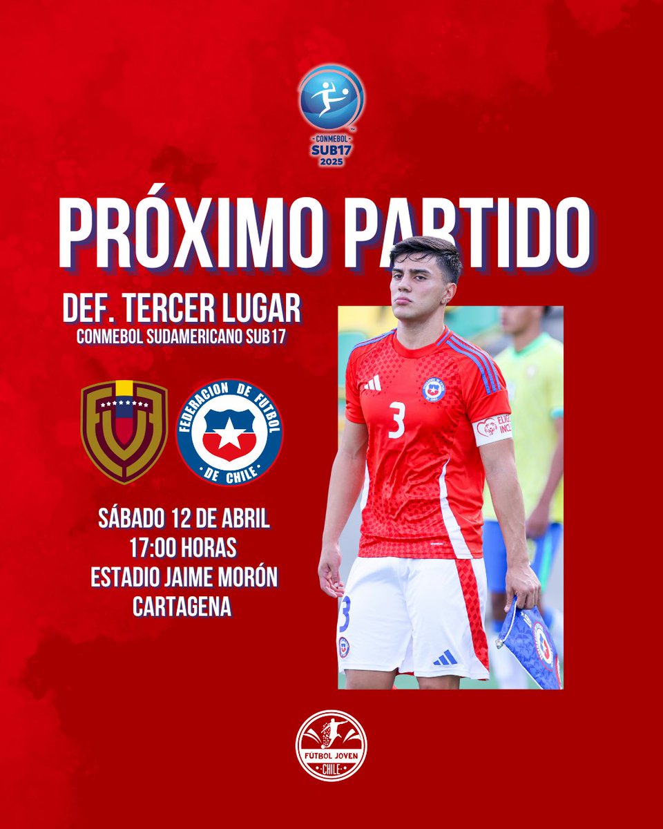 A CERRAR EN LO MÁS ALTO 🔝🇨🇱 

Este sábado #LaRoja jugará la definición del tercer puesto del CONMEBOL Sudamericano #Sub17 ante Venezuela 🇻🇪 

Apoyemos a los muchachos que nos dieron la alegría de la clasificación al Mundial 🏆

Sábado, 17:00 horas 🕔 
📺 <a href="/tvn/">TVN</a> y <a href="/dsportscl/">DSPORTS Chile</a>