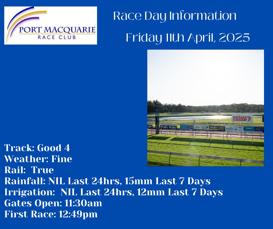 Port Macquarie Races (@port_races) on Twitter photo We are racing today at <a href="/port_races/">Port Macquarie Races</a> and it looks set to be a cracking day. Get your family, friends or work crew together and enjoy an 8-race program of exciting racing. Gates open at 11:30am and all tradies get free entry to the course.
Weather and Track conditions below: We are racing today at <a href="/port_races/">Port Macquarie Races</a> and it looks set to be a cracking day. Get your family, friends or work crew together and enjoy an 8-race program of exciting racing. Gates open at 11:30am and all tradies get free entry to the course.
Weather and Track conditions below: