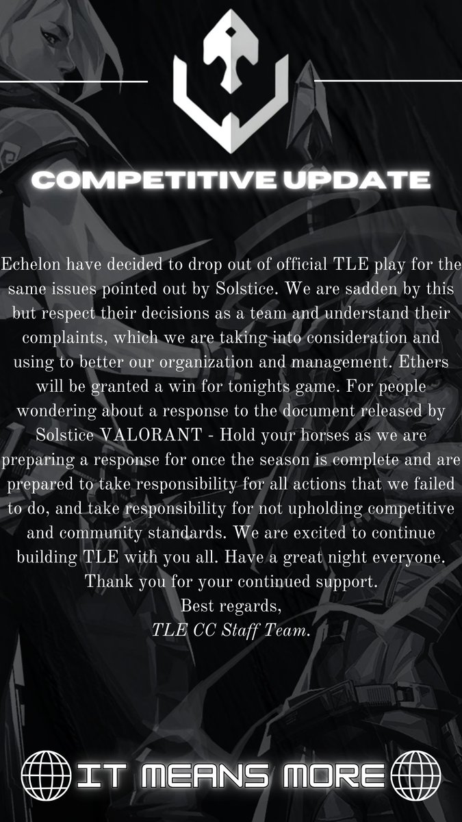 titansoflowelo's tweet photo. Competitive update regarding @NUECHELON recent departure from TLE CC
@ValorCentral | @VALORANT | #ItMeansMore | #TLECC https://t.co/AT6fEoe27o