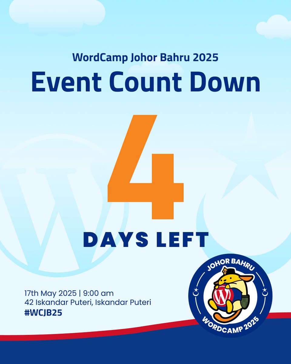 Fact: WordCamp JB starts in 4 days.
Fact: Tickets won’t last.
Act: johorbahru.wordcamp.org/2025 #WCJB25