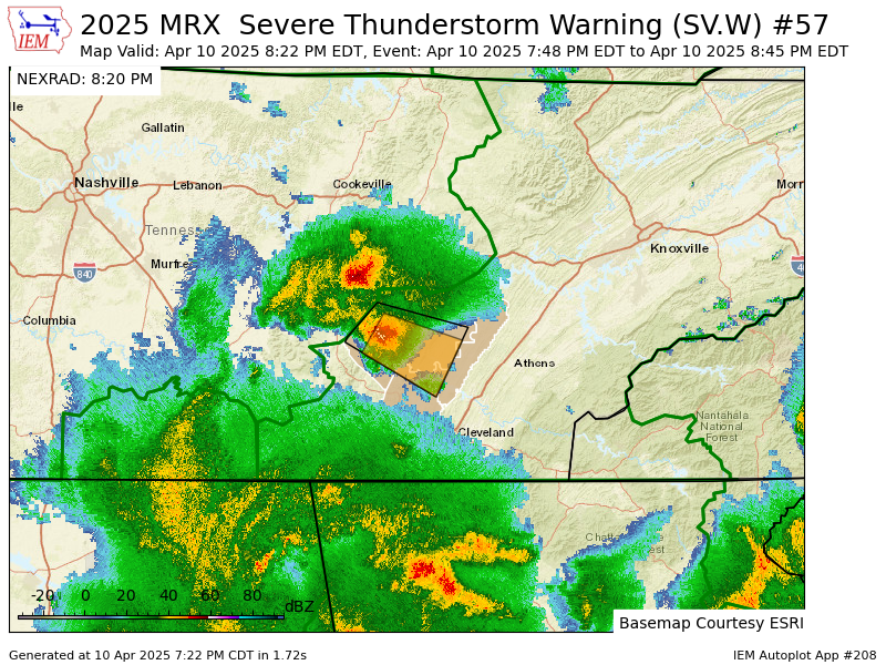 VictoriaCavWx's tweet photo. MRX continues Severe Thunderstorm Warning [wind: <50 MPH (RADAR INDICATED), hail: 1.00 IN (RADAR INDICATED)] for Bledsoe, Hamilton, Meigs, Rhea [TN] till 8:45 PM EDT https://t.co/x8bjmSTVd0 https://t.co/4iB9a4Sd6h