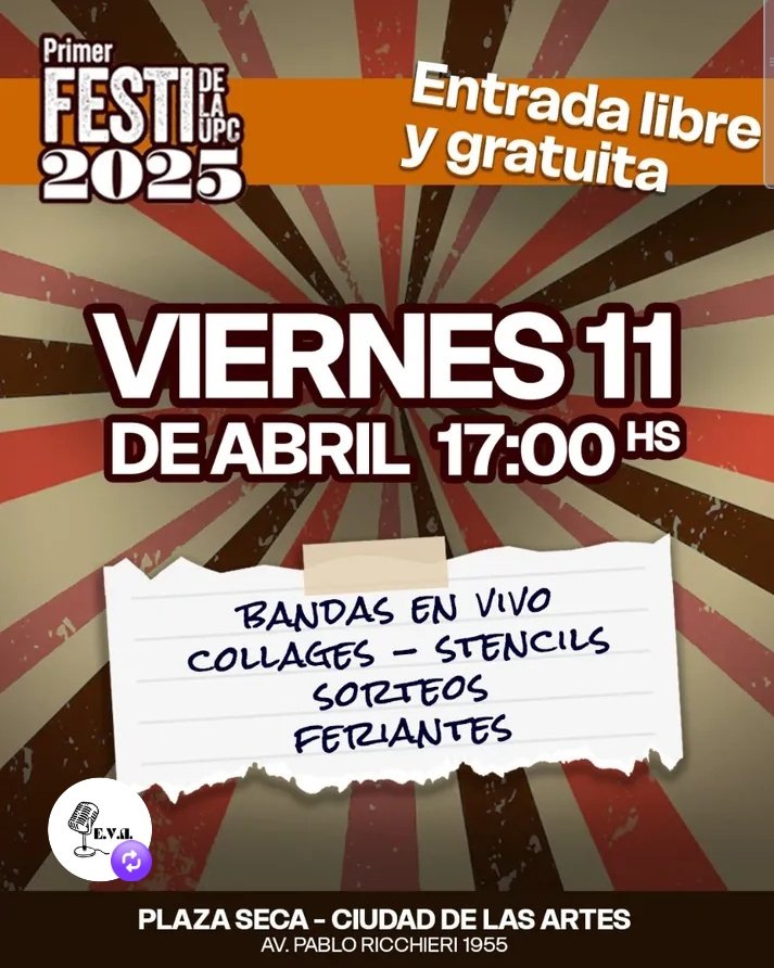 Maaviic's tweet image. Mañana Viernes 11 de abril 17 HS 
Primer gesto de la UPC
Plaza seca- Ciudad de las artes. 
BANDAS EN VIVO 🎸🎺🎷
FERIANTES 🧉🧚🏼👗👚
SORTEOS 🥳

- Entrada libre y gratuita -
Los esperamos 😜
@Compraventaserv @yo_nva @VivireNuevaCba