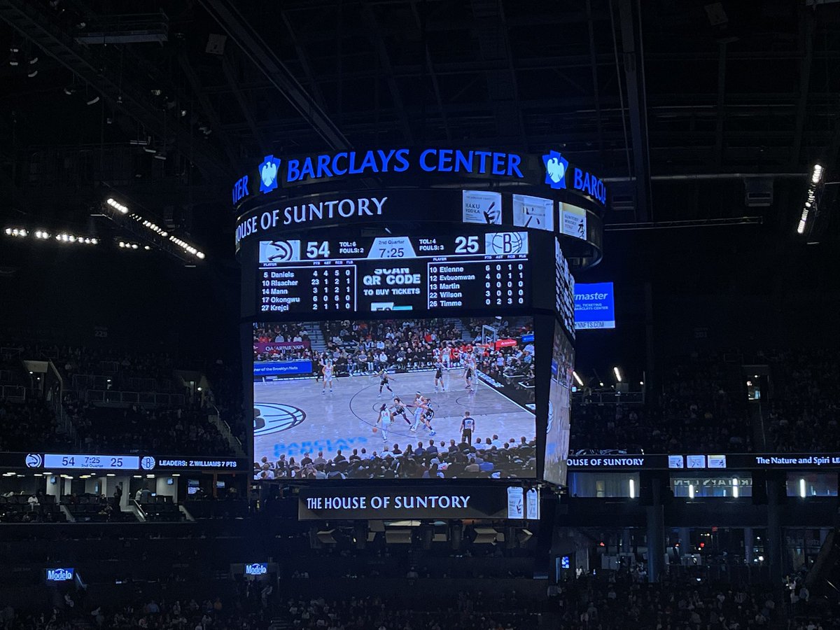 summarshine's tweet photo. Here at Barclays Hawks vs Nets 54-25 in the second quarter. The Nets are gonna need to really climb with a few of the players out. 
Good note #Ticketmaster drops Nets Merch in the meantime. 
#nbatwitter #basketballmaniacs #hawks https://t.co/WJjfrNlTpm