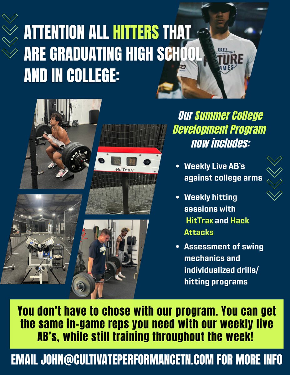 CultivateTn's tweet photo. Along with your hitting program you will also receive: 👇🏼👇🏼👇🏼
➡️ Individualized Strength and Conditioning Programs
➡️ Mobility/Arm Care
➡️ Individualized Throwing Programs
➡️ Speed Training
Email john@cultivateperformancetn.com for more info or to reserve your spot‼️ https://t.co/2mT7ltxlLV