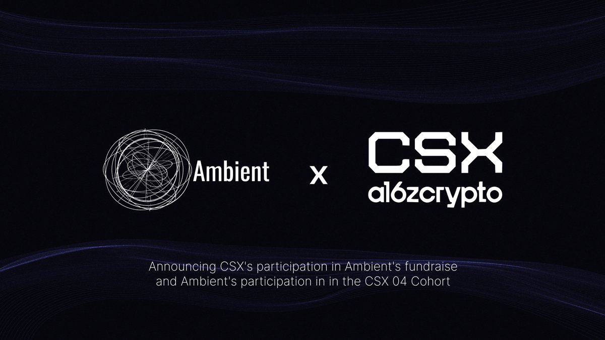 ambient.xyz (@ambient_xyz) on Twitter photo Ambient is incredibly excited to announce our participation in the <a href="/a16zcrypto/">a16z crypto</a> CSX 04 cohort in San Francisco!
To learn more about <a href="/ambient_xyz/">ambient.xyz</a>'s vision for the future of decentralized Machine Intelligence, visit ambient.xyz Ambient is incredibly excited to announce our participation in the <a href="/a16zcrypto/">a16z crypto</a> CSX 04 cohort in San Francisco!
To learn more about <a href="/ambient_xyz/">ambient.xyz</a>'s vision for the future of decentralized Machine Intelligence, visit ambient.xyz