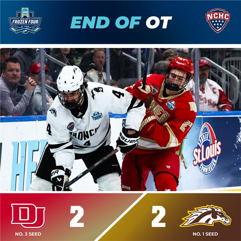 TheNCHC's tweet photo. Stop us if you've heard this before...

@DU_Hockey &amp; @WMUHockey are heading to DOUBLE OT! 😅

#NCHChockey // #MFrozenFour https://t.co/kZs7ov5evp