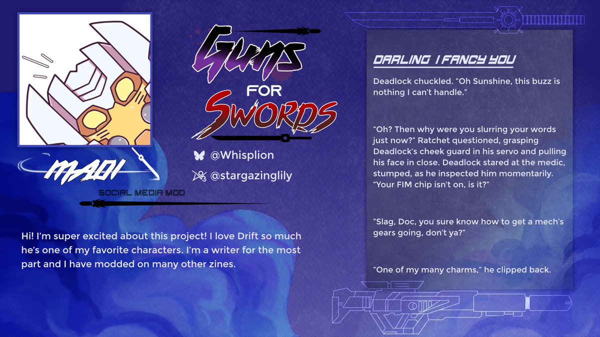 💥🔫 Mod Spotlight ⚔️✨

<a href="/WhispLion/">Madi ☃️ always sleepy</a> our social media mod is super excited about this project! She loves Drift very much he’s one of her favorite characters. She is a writer most of the time but has been a mod on many zines!