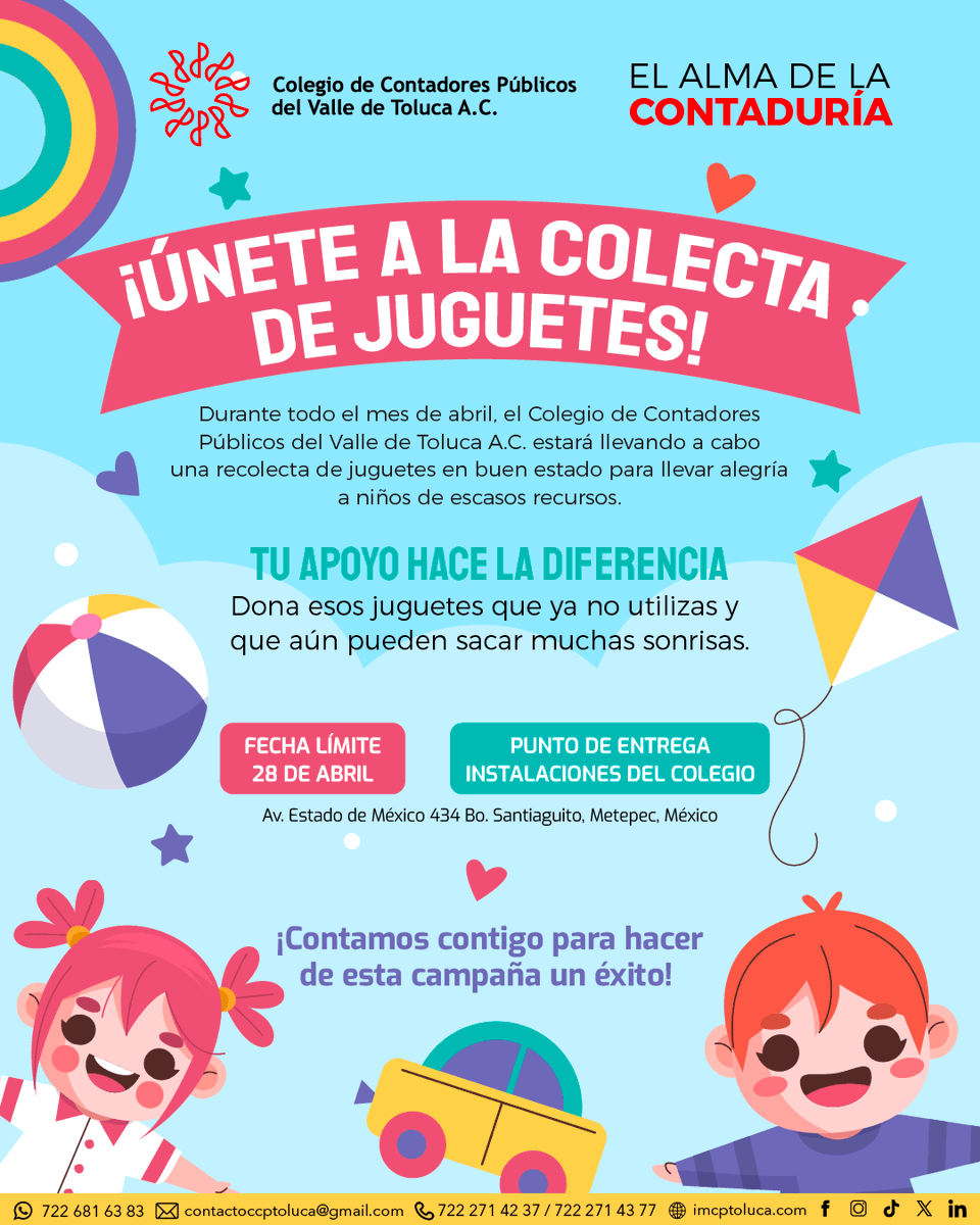 🎁 ¡Únete a la Colecta de Juguetes!
Durante todo el mes de abril, estaremos recibiendo juguetes en buen estado para llevar alegría a niñas y niños que más lo necesitan.

📍 Punto de entrega: Instalaciones del Colegio
📅 Recepción hasta: 28 de abril 2025