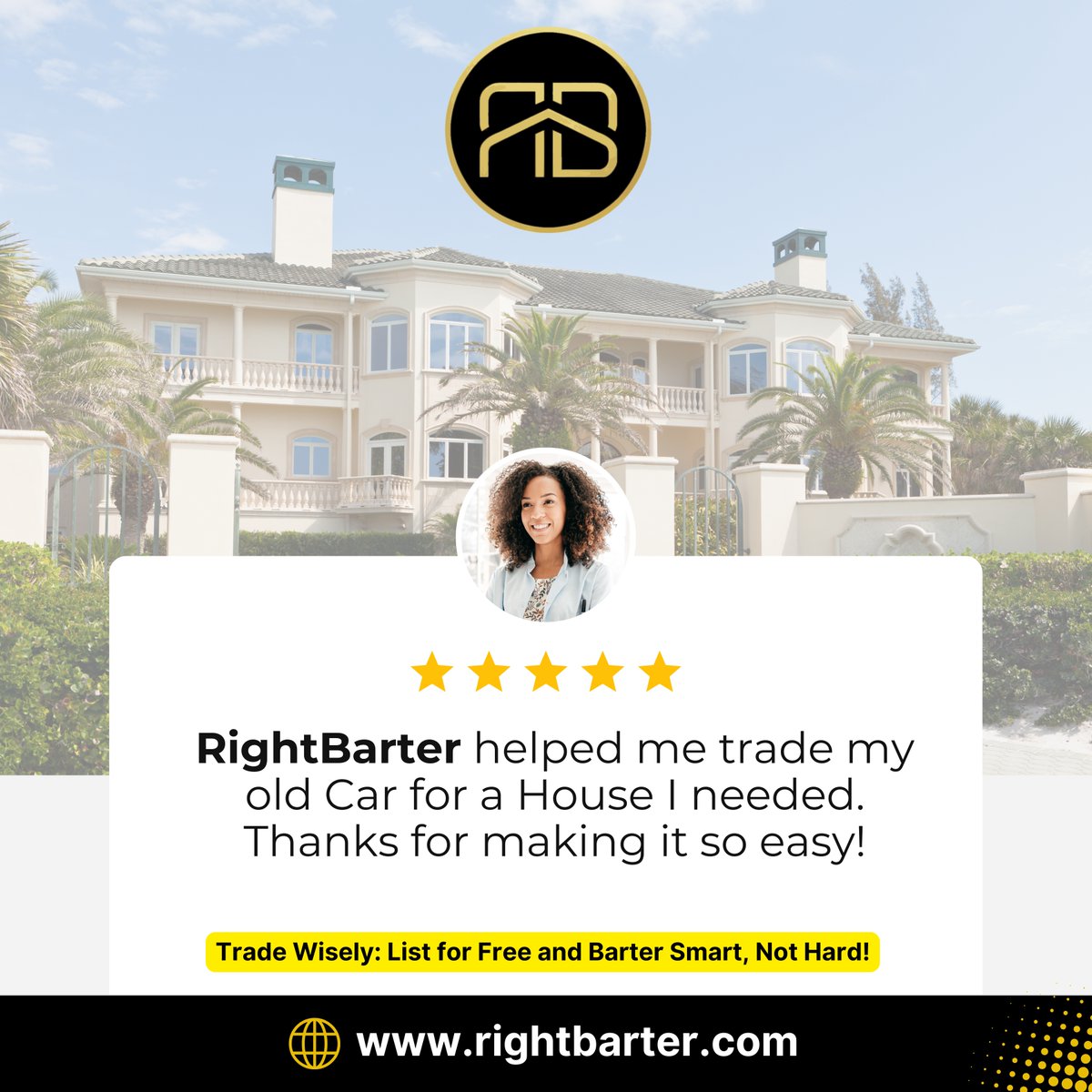 rightbarter's tweet photo. Turn your assets into what you need! 🚗➡️🏠 RightBarter makes it easy to trade wisely. No need to complicate things – list for free and start bartering smart today! 

#RightBarter #SkillSwap #BarterCommunity #LearnAndTeach #BarterEconomy #TradeSkills #NoMoneyNeeded #SkillExchange #BarterCommunity #RightBarter #TradeSkills #SkillForSkill #NoMoreScammers #VerifiedBarter #ElevateWithBarter #ModernBarter #SkillBarter #TradeSkills #BarterServices #BarterMarketplace #SkillTrading #SwapServices #SkillsForGoods #TradeYourSkills #BarteringPlatform #PeerToPeerBarter #bartertransactions #RightBarter #SkillExchange #tradesmarter