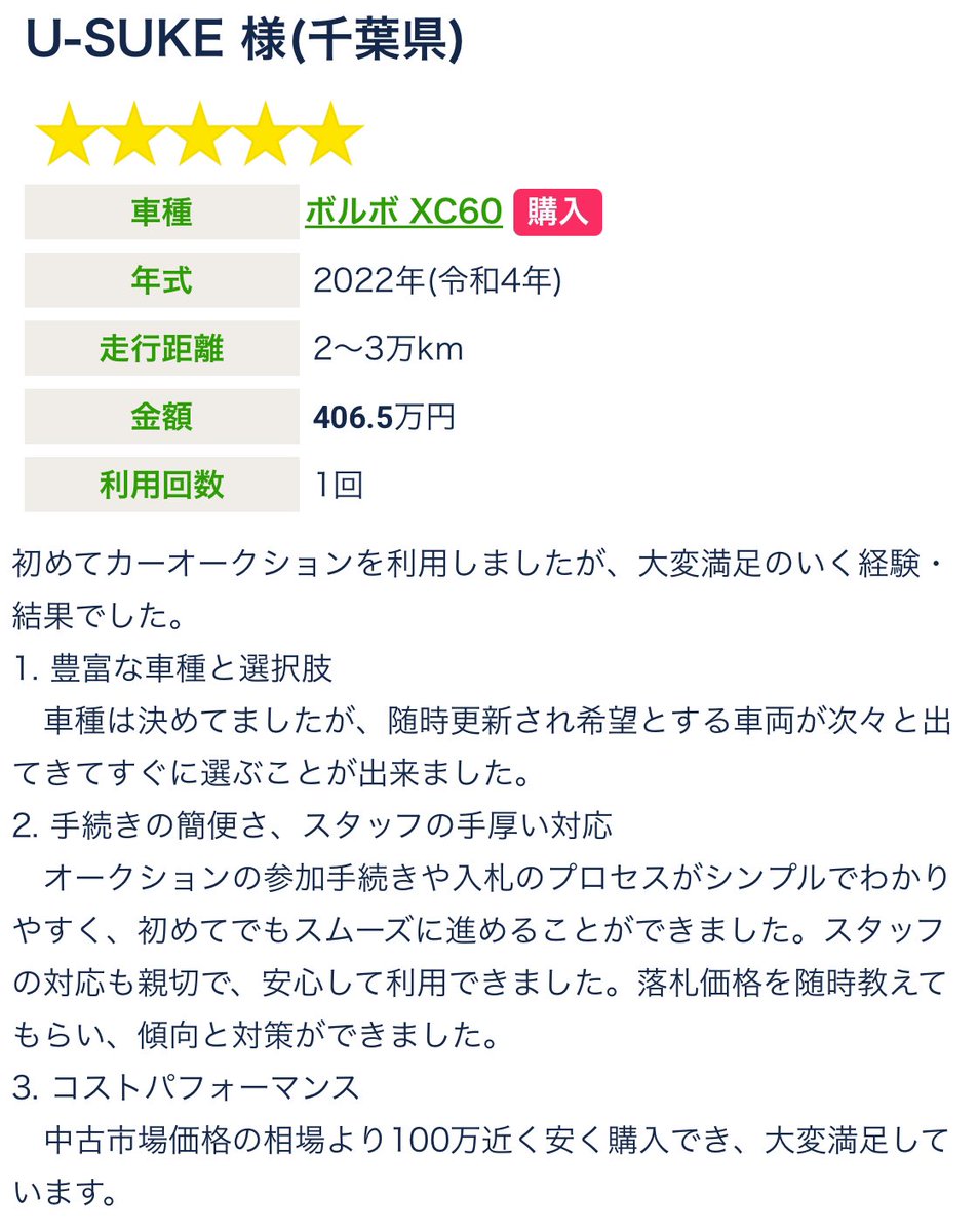 carauction_jp's tweet photo. こんにちは😽あかりです🩵
みんな元気かな〜？

本日のレビューはU-SUKE様！素敵なレビューありがとうございます✨

中古車オークションで車を買ってみたいけど結局のところ他より安く買えるの❓なんて疑問や、趣味で乗る車探したい🥹❗️なんて夢✨のあるお話、今自分の乗ってる車、ぶっちゃけいくらぐらいで売れるの🤔❓なんてご相談も、なんでもお気軽にお問合せ下さい❗️
お問合せはプロフィール欄のURLから❗️
ぜひぜひ待ってまーす👍

#カーオークションJP
#中古車販売
#中古車
#カーオークション