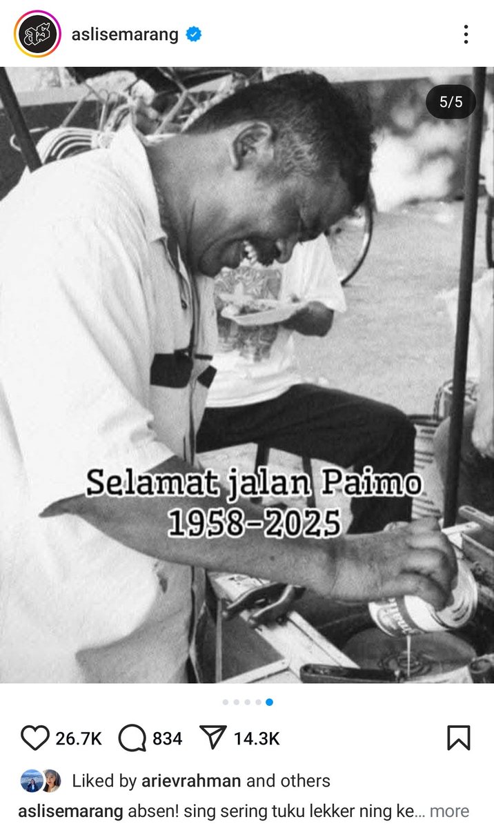arieparikesit's tweet photo. Sugeng tindak Paimo aka master lekker Semarang.

1958-2025 https://t.co/RvjkbmpIWq