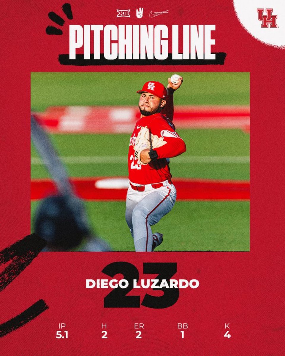 Venezolano Diego Luzardo jugador two ways de la Universidad de Houston lanzó 5.1 entradas de 2 hits, 2CP y 4K en su primera apertura de su carrera universitaria.

<a href="/Diego_Luzardo18/">Diego Luzardo</a> Nro 23 de los <a href="/UHCougarBB/">Houston Baseball</a>