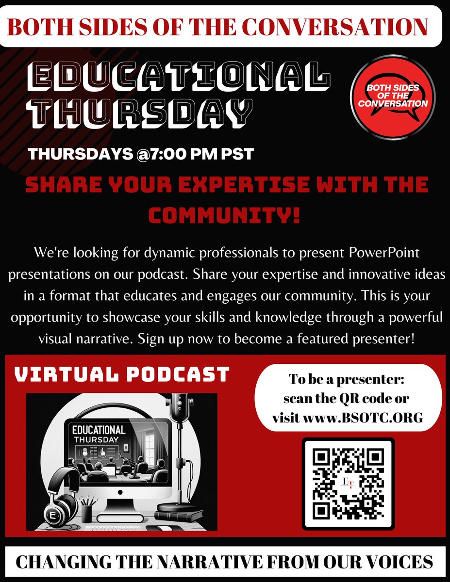 Join Our Educational Thursday Segment! Every Thursday at 7 PM PST. Scan the QR code or click here to present: calendly.com/bothsidesofthe…

Both Sides Of The Conversation | Changing the Narrative From Our Voices | bsotc.org #glide