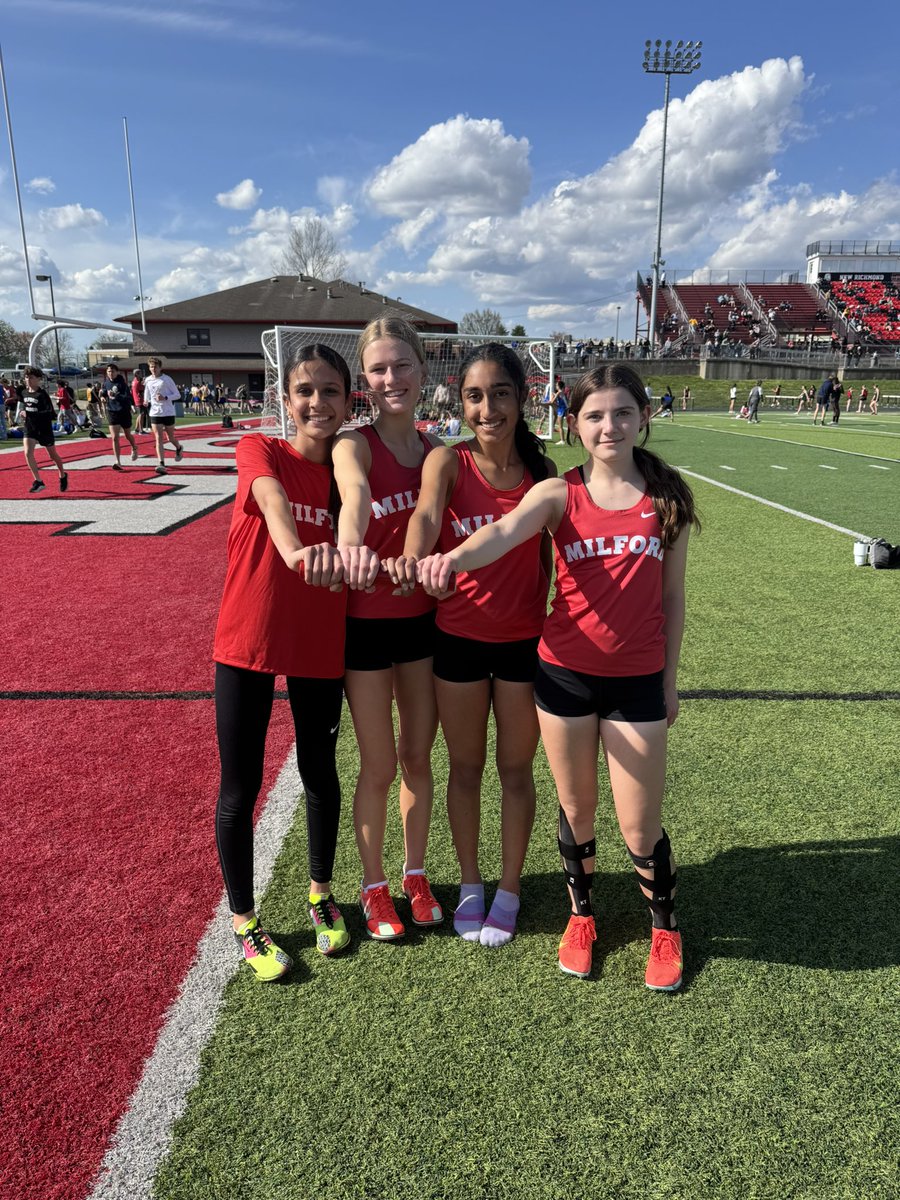 Congratulations to Shahd, Katie, Mahima, &amp; Maren for breaking the 4x1600 record tonight at the New Richmond Relays with a time of 22:23.99! They break the previous record which stood since 2007! <a href="/Milford_Eagles/">Milford Athletics</a>