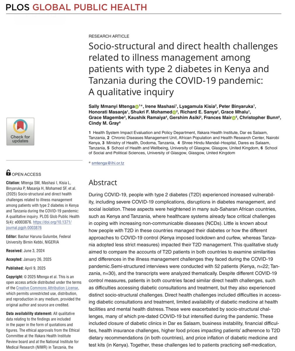 Peter Binyaruka, PhD (@peter_binyaruka) on Twitter photo Our evidence showing how challenging can be to manage an NCD during health emergency like COVID19 pandemic. In Kenya and Tanzania, diabetic patients faced multiple challenges. journals.plos.org/globalpubliche… <a href="/ifakarahealth/">Ifakara Health Institute</a> <a href="/aphrc/">APHRC</a> <a href="/UofGlasgow/">University of Glasgow</a> <a href="/The_MRC/">Medical Research Council</a> <a href="/wizara_afyatz/">Wizara ya Afya Tanzania 🇹🇿</a> Our evidence showing how challenging can be to manage an NCD during health emergency like COVID19 pandemic. In Kenya and Tanzania, diabetic patients faced multiple challenges. journals.plos.org/globalpubliche… <a href="/ifakarahealth/">Ifakara Health Institute</a> <a href="/aphrc/">APHRC</a> <a href="/UofGlasgow/">University of Glasgow</a> <a href="/The_MRC/">Medical Research Council</a> <a href="/wizara_afyatz/">Wizara ya Afya Tanzania 🇹🇿</a>