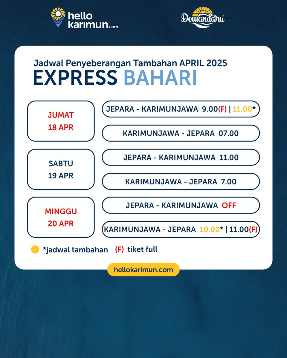 Jadwal penyeberangan tambahan April 2025. 👋🏻🤿🛍️
_
#Dewandaru
#OlehOleh
#Karimunjawa
#HelloKarimun
#MampirDewandaru