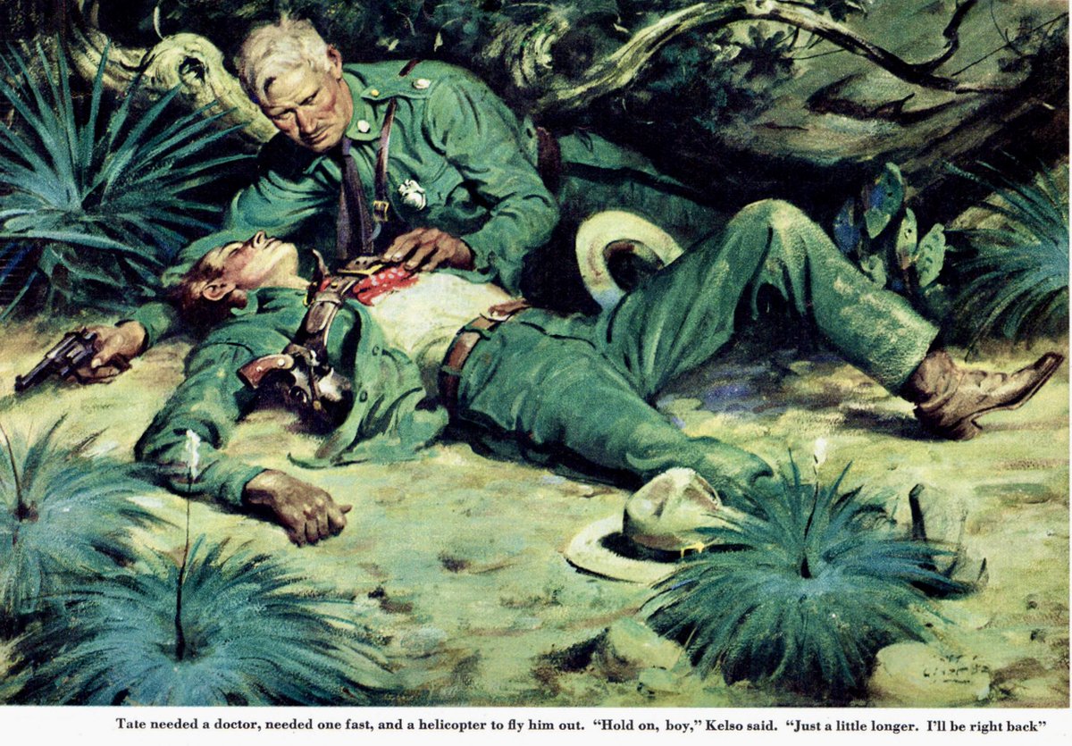 LRonLacy's tweet photo. #THISWEEK in 1952
🧵👇
‘Tate needed a doctor, needed on fast, and a helicopter to fly him out. “Hold on, boy,” Kelso said. “Just a little longer. I’ll be right back”’’
#Illustration by #MattClark (1903-1972) for ➡️
#illustrationart #illustrationartists #borderpolice #BorderPatrol https://t.co/DPYcmV04YI
