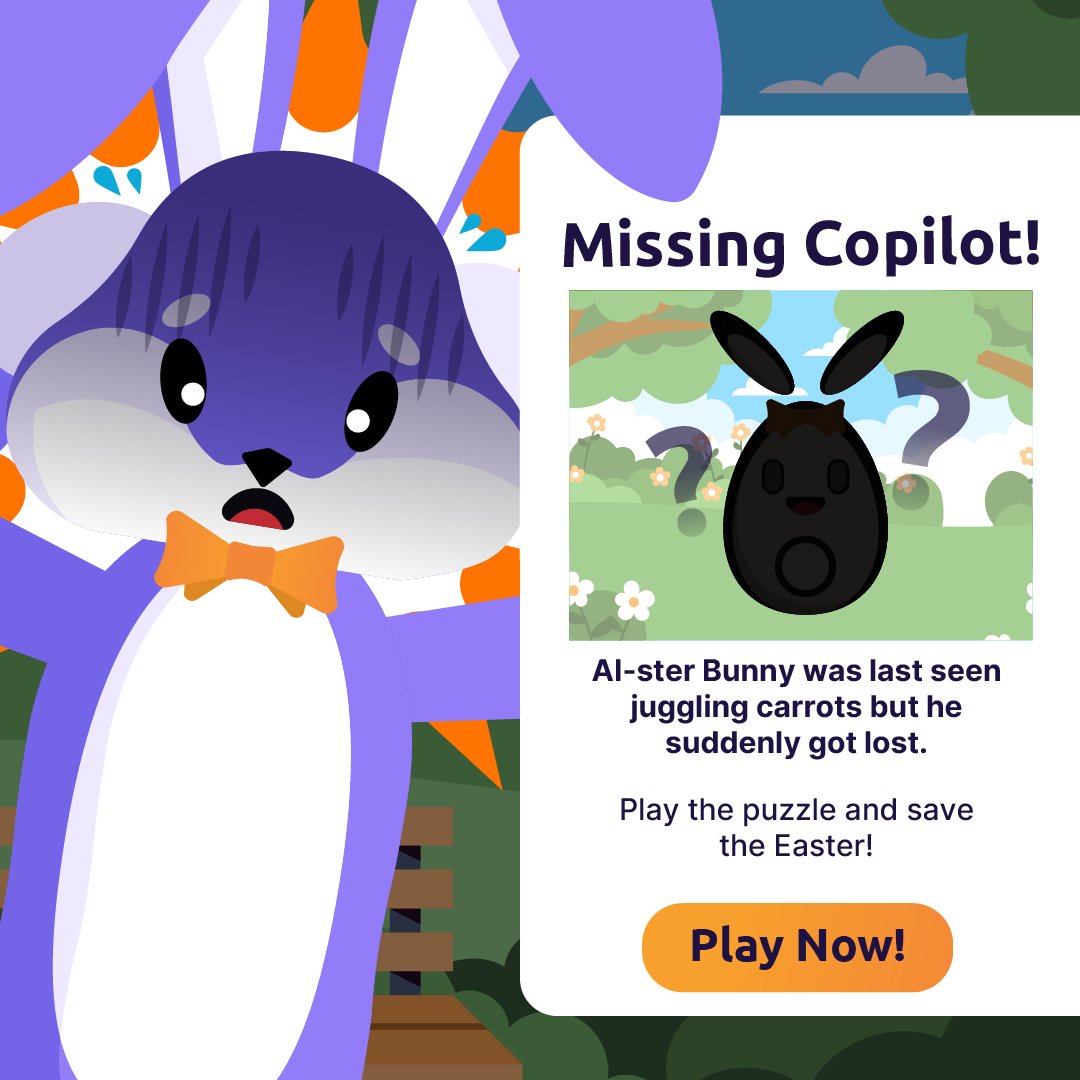 TeamDigitalfeet's tweet photo. ❗❗ Easter is at risk! AI-ster Bunny is MISSING!

Please help us solve the puzzle clues left behind to save the Easter magic.

👉 Start Here: https://t.co/8QribzmH7x

Let’s reunite them and unlock exciting prizes!

#Digitalfeet #Easter #Microsoft #Copilot https://t.co/xM0ssEl5gn
