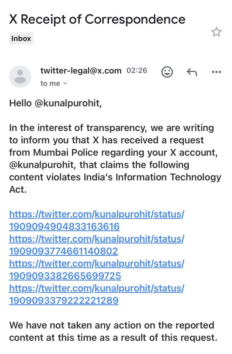 Kunal Purohit (@kunalpurohit) on Twitter photo Dear <a href="/MumbaiPolice/">मुंबई पोलीस - Mumbai Police</a>: fight hate, not journalism.
Received this notice from <a href="/X/">X</a> about taking down my videos of Mumbai’s hate-filled #RamNavami rally.
Documenting hate is journalism. I won’t be taking down these videos.
I have asked <a href="/Support/">Support</a> to provide me a copy of the notice. Dear <a href="/MumbaiPolice/">मुंबई पोलीस - Mumbai Police</a>: fight hate, not journalism.
Received this notice from <a href="/X/">X</a> about taking down my videos of Mumbai’s hate-filled #RamNavami rally.
Documenting hate is journalism. I won’t be taking down these videos.
I have asked <a href="/Support/">Support</a> to provide me a copy of the notice.