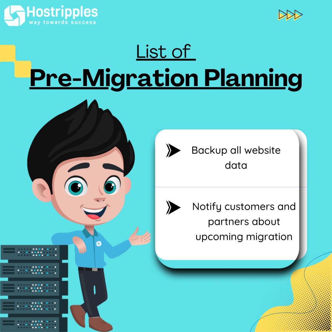 hostripples's tweet image. Planning a smooth migration is crucial for minimizing downtime &amp;amp; maintaining service quality. Here’s a quick checklist: 
1. Backup all website data to prevent any loss.
2. Notify customers and partners about the upcoming migration to keep everyone informed.

#MigrationPlanning