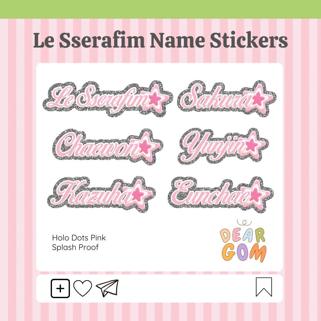 deargomph's tweet photo. [NEW] #gommiestickers 

🍮 le sserafim name text stickers  

only 25 pesos each (available in holo dots pink, holo dots blue and glitter denim)  

📷wts lfb stickers ph anik anik le sserafim sakura chaewon yunjin kazuha eunchae https://t.co/on5Rp76qrm