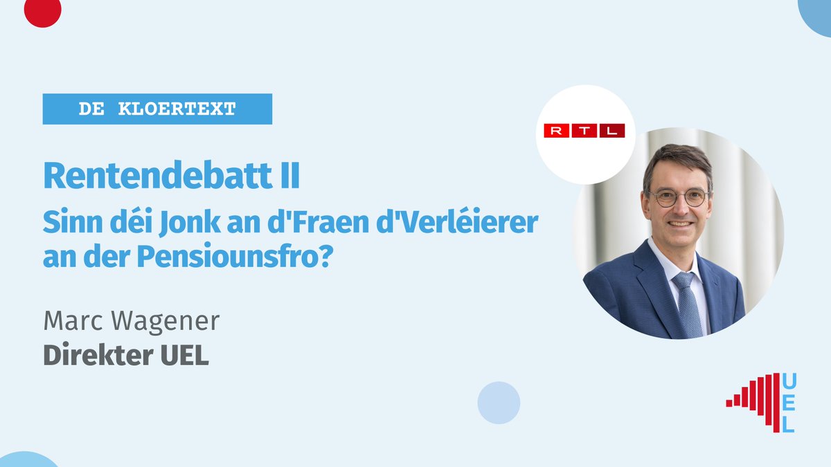 #Pensiounssystem
🗣️ Eisen Direkter <a href="/MarcWagener/">Marc Wagener</a> war gëschter Invité an der Emissioun Kloertext bei der Caroline Mart <a href="/RTLlu/">RTL Luxembourg</a> , haaptsächlech fir iwwer déi néideg Reform vun eisem Pensiounssystem mat ze diskutéieren.
 
De Replay lauschteren 🔗 ➡️ rtl.lu/tele/kloertext…
—