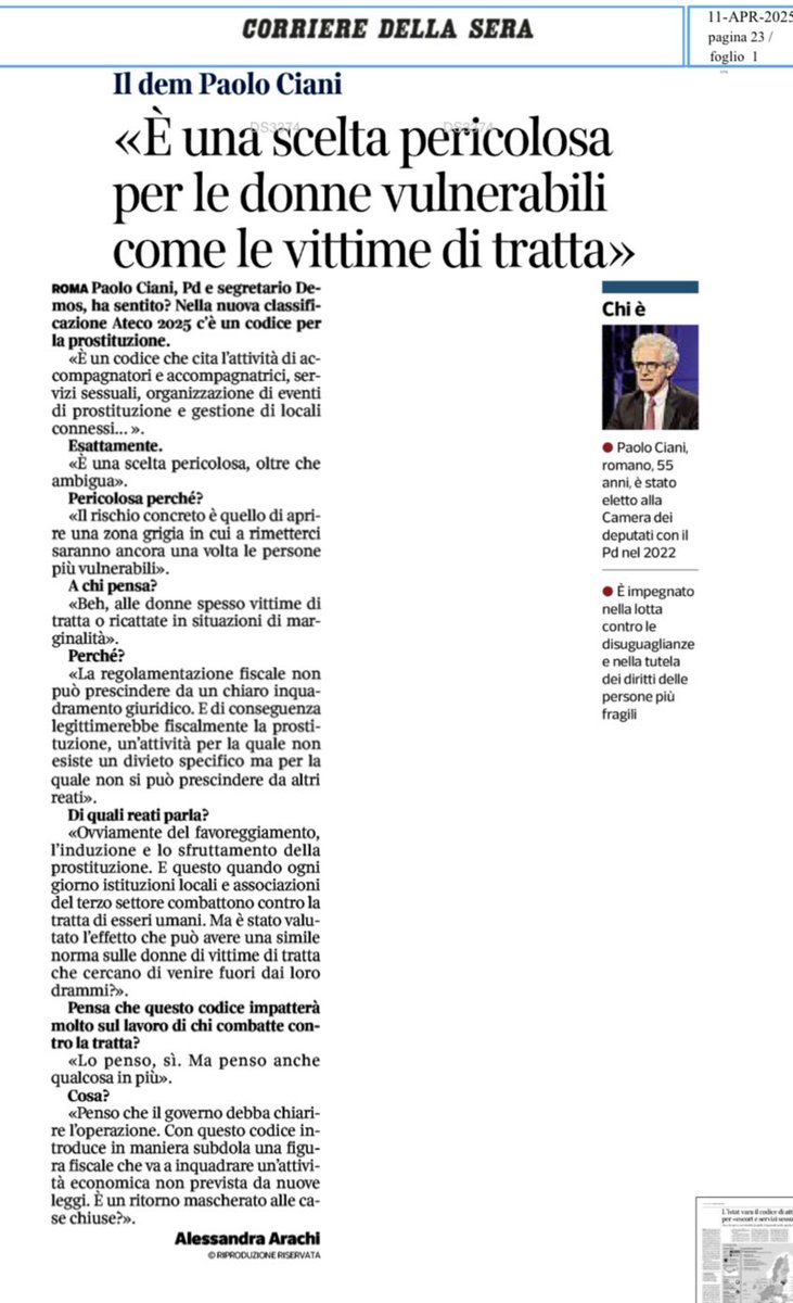 Un codice Ateco per regolamentare fiscalmente le attività di prostituzione? Sbagliato è irrealizzabile in Italia. Pensiamo alle vittime di violenze e tratta. Ne ho parlato con il Corriere della Sera