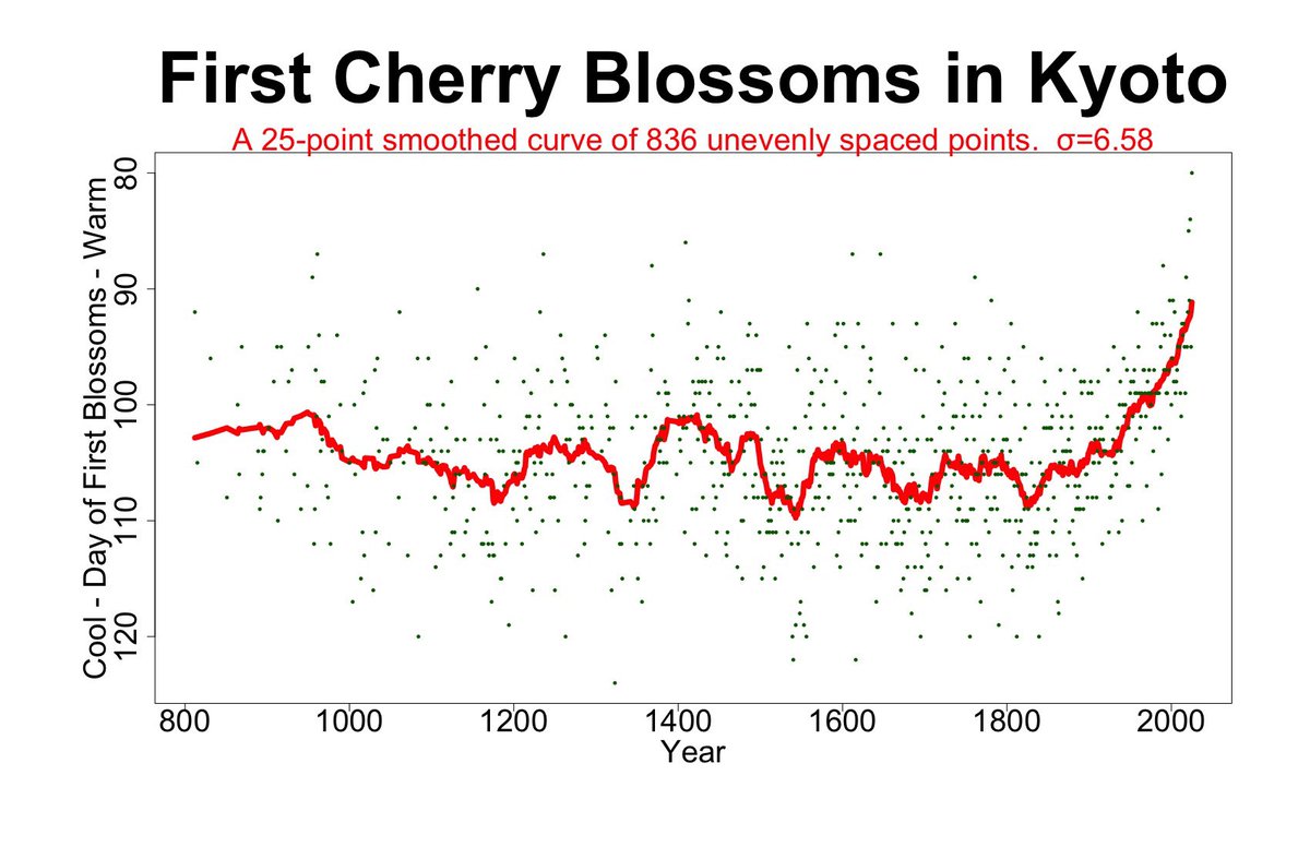 A 1,200-year-old data series offers no room for conspiracy theorists and science deniers. For all those who claim that the climate has changed much more dramatically in recent centuries than it does today:

For 1,200 years, the date of the first cherry blossom has been