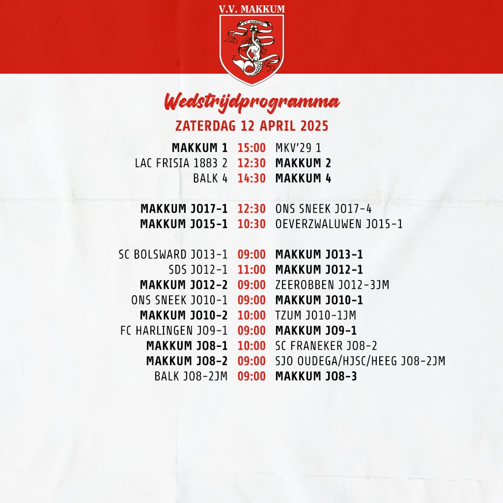 Het volledige wedstrijdprogramma voor dit weekend.