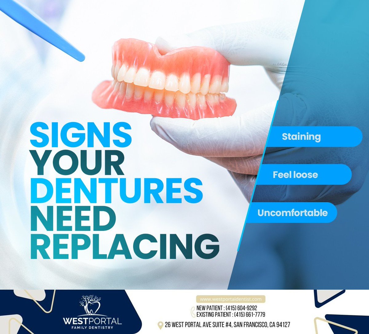 westportaldent's tweet image. It may be time to replace your dentures if you notice any of these signs. Schedule a visit at westportaldentist.com and restore your oral health and function with fresh dentures. #dentures #loosedentures #oralhealth #sanfrancisco #CA #westportalfamilydentistry