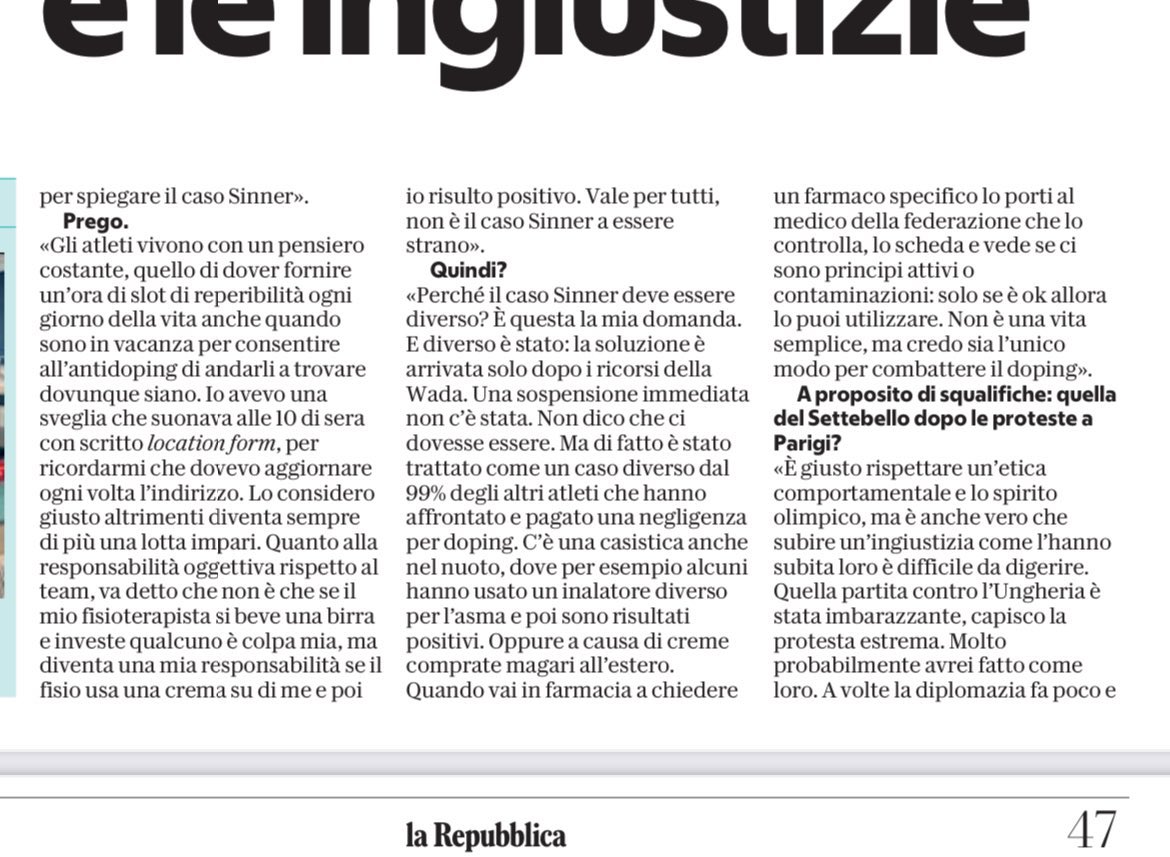 LaRagnaC's tweet photo. Dire, come dice @mafaldina88 , che non ci sia stata alcuna sospensione nel caso #Sinner significa parlare senza conoscere minimamente il caso. E siamo sempre lì, dopo più di un anno: ignoranza e/o malafede allo sbaraglio sulle pagine dei  quotidiani nazionali, anziché la verità. https://t.co/s4fLj1pEcQ