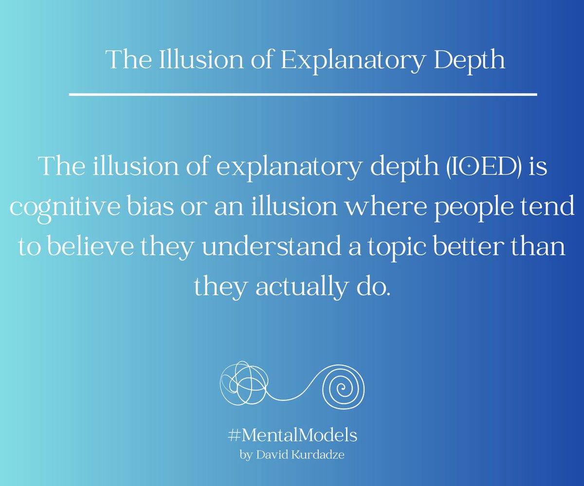 DavidforAgility's tweet photo. The Illusion of Explanatory Depth  

“We think we understand something, until we try to explain it.”  

More in: 🧵

#MentalModels #CognitiveBiases #PracticalTips #LearningTips #WorkTips https://t.co/jAkxipAgX3
