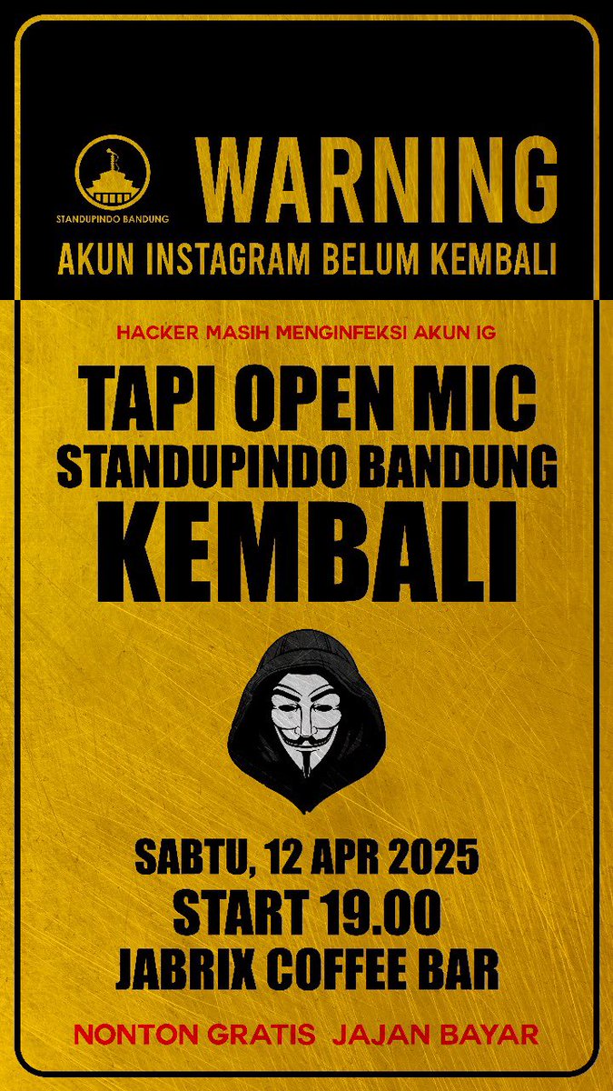 Hallo Barudak Bodorr🙌🏽🙌🏽

Fyi akun instagram kami masih kena hack dan belum kembali sampai sekarang, tapi meski begitu #OpenmicStandupindoBdg kembali lagi. Setelah kemarin libur sebulan penuh, akhirnya kita bisa ketawa bareng lagi bareng komik minho di Jabrix Coffee jam 7 malam.