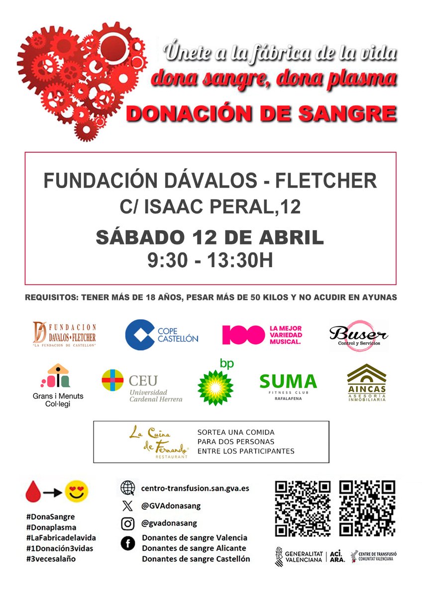GVAdonasang's tweet photo. La Fundaciรณn Dรกvalos Fletcher acull, demร dissabte 12 d'abril, la Jornada de Donaciรณ de Sang Cadena @copecastellon.
๐Si tens 18 anys i peses mรฉs de 50 kg, agafa el teu DNI i acosta't a #SalvarVides https://t.co/9uf4wdfy0B