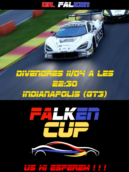 DrFalken1976's tweet photo. Avui torna la #FalkenCUP a les 22:30h!     

Aquest cop correm a USA a circuit d'Indianapolis 
Ens podeu seguir via Twitch https://t.co/bLLHiqYO3r                                        
Agraïments als nostres patrocinadors

@Tulsafs i @JocCreuat https://t.co/hoHXA0S8EW
